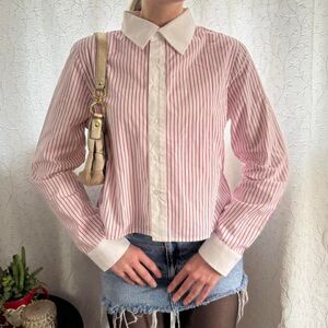 Express Women's Striped Color block Pink & White Long sleeve Blouse NWT Size M